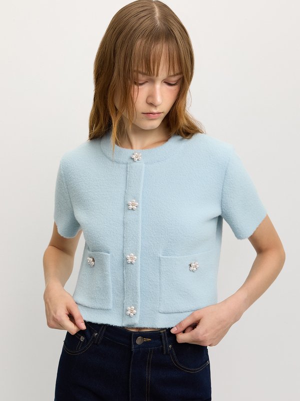 pomelo Pomelo Flower-Button Cropped Cardigan - Baby Blue
