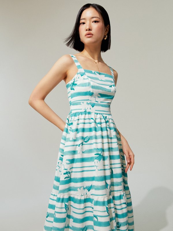 Pomelo Pomelo Flower Printed Stripe Midi Dress - Green