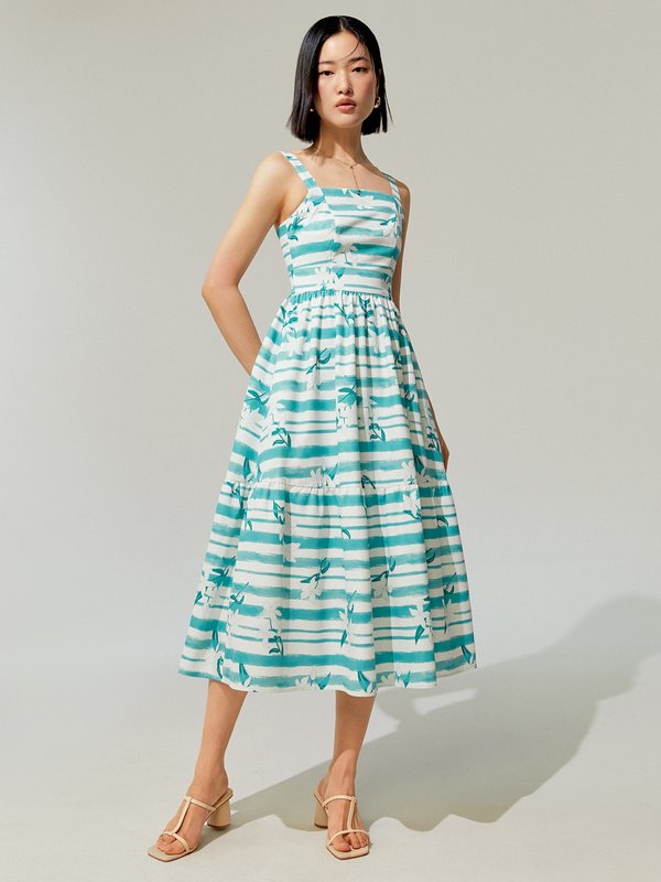 pomelo Pomelo Flower Printed Stripe Midi Dress - Green