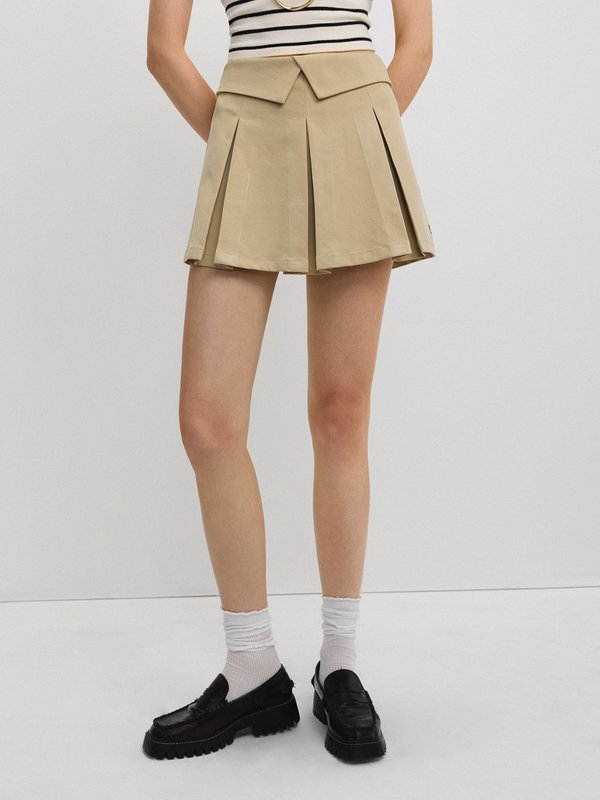 Pomelo Pomelo Fold-Over Waistband Pleated Mini Skirt - Beige