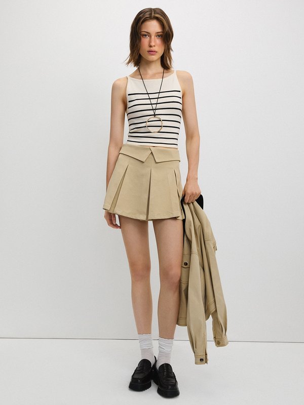 Pomelo Pomelo Fold-Over Waistband Pleated Mini Skirt - Beige