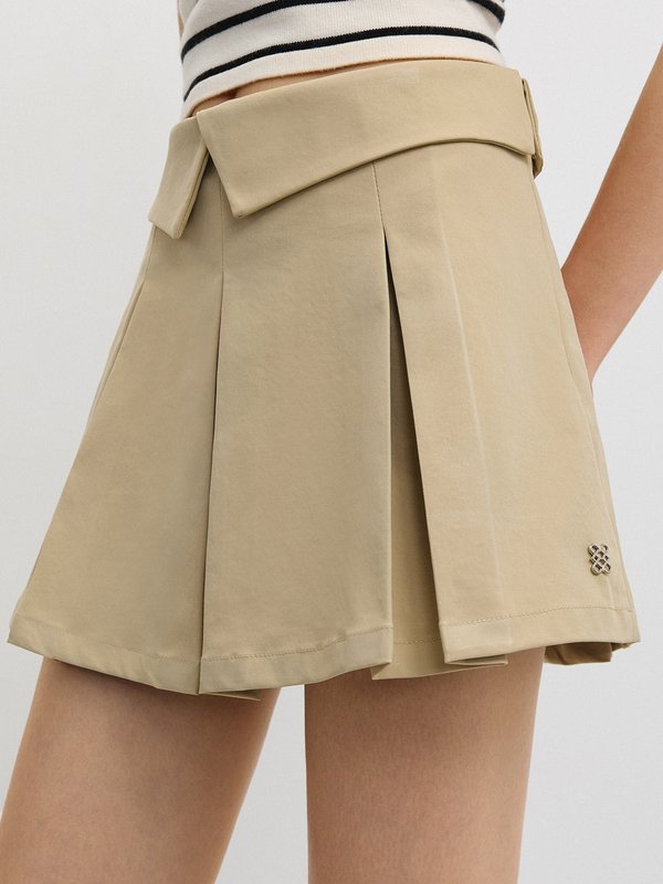 pomelo Pomelo Fold-Over Waistband Pleated Mini Skirt - Beige