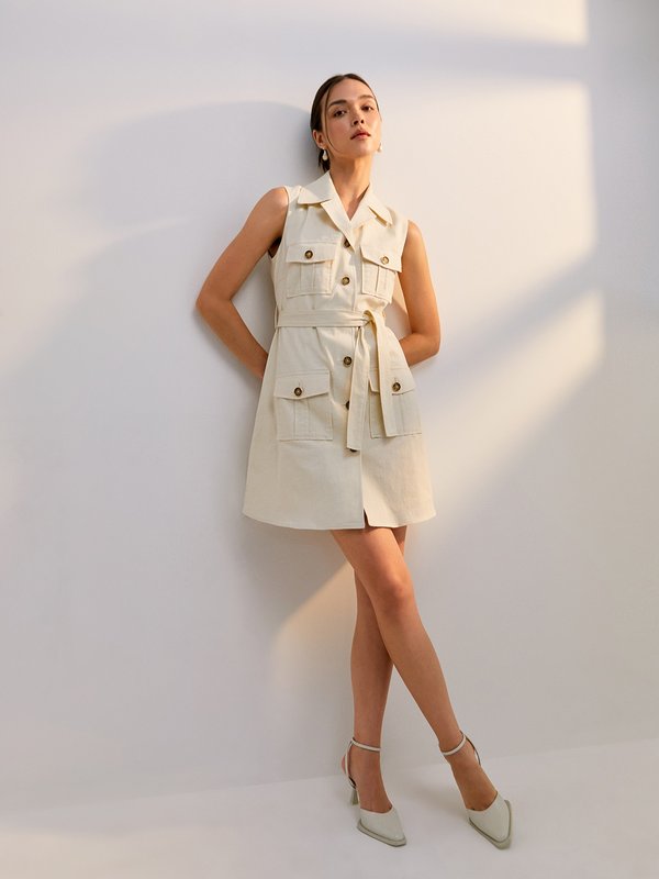 Pomelo Pomelo Front-Tie Belted Sleeveless Mini Dress With Marble Button Detail - Cream