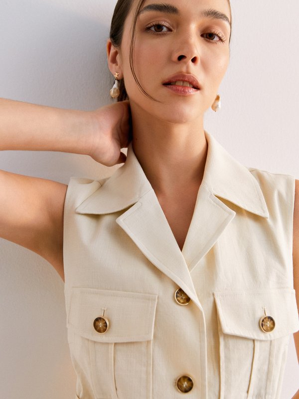 Pomelo Pomelo Front-Tie Belted Sleeveless Mini Dress With Marble Button Detail - Cream