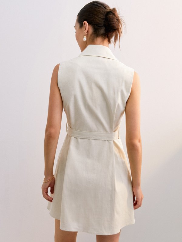 Pomelo Pomelo Front-Tie Belted Sleeveless Mini Dress With Marble Button Detail - Cream