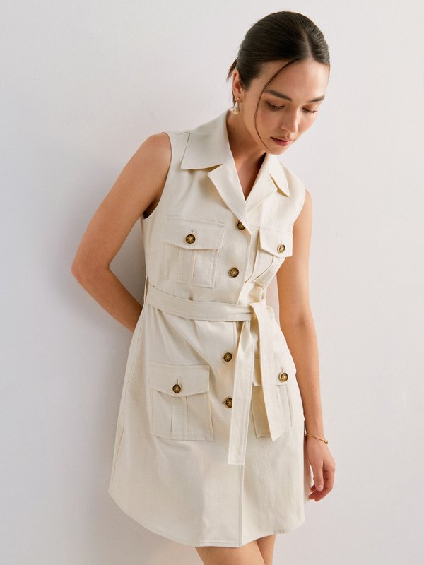 pomelo Pomelo Front-Tie Belted Sleeveless Mini Dress with Marble Button Detail - Cream