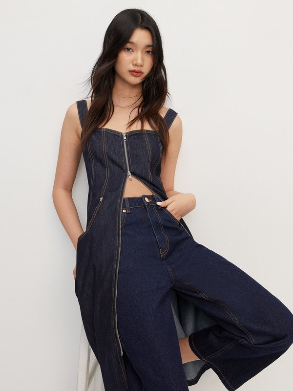 Pomelo Pomelo Front Zipper Denim Midi Dress - Dark Blue