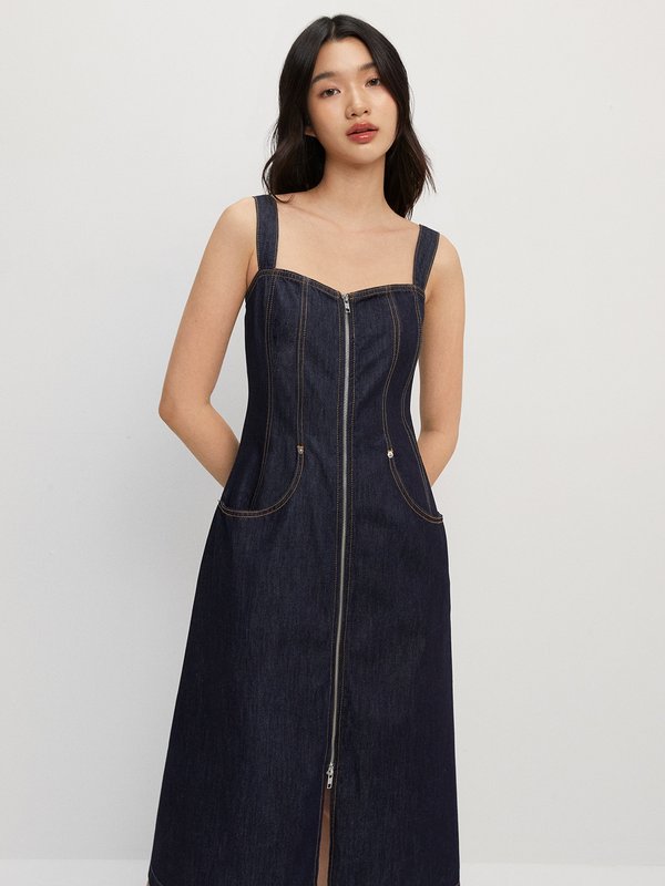 Pomelo Pomelo Front Zipper Denim Midi Dress - Dark Blue