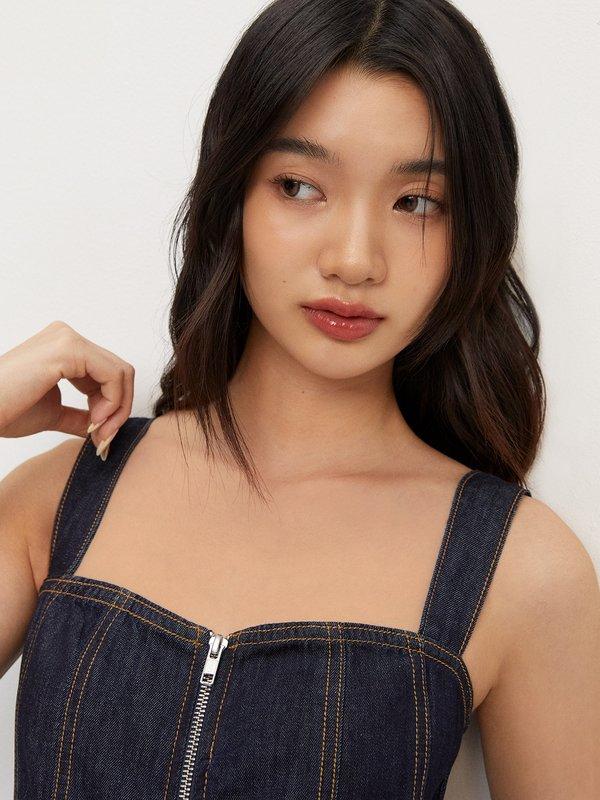 Pomelo Pomelo Front Zipper Denim Midi Dress - Dark Blue