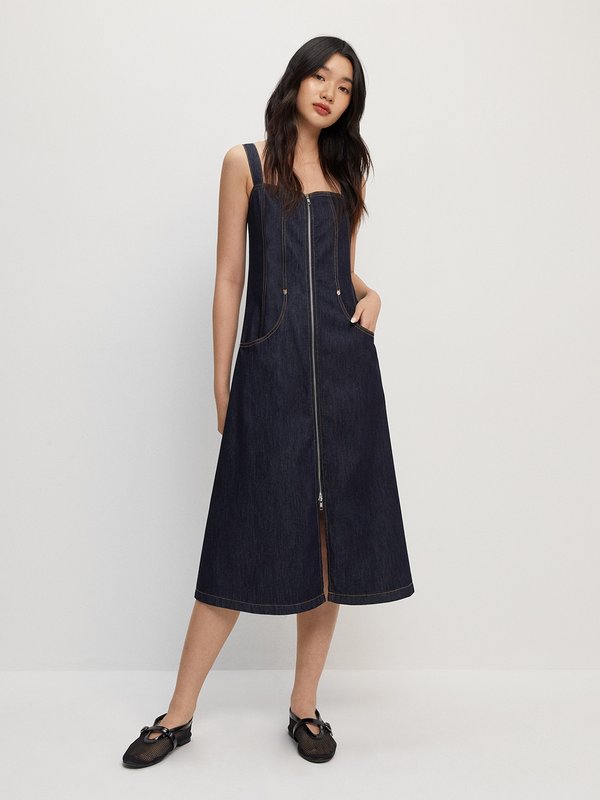 pomelo Pomelo Front Zipper Denim Midi Dress - Dark Blue
