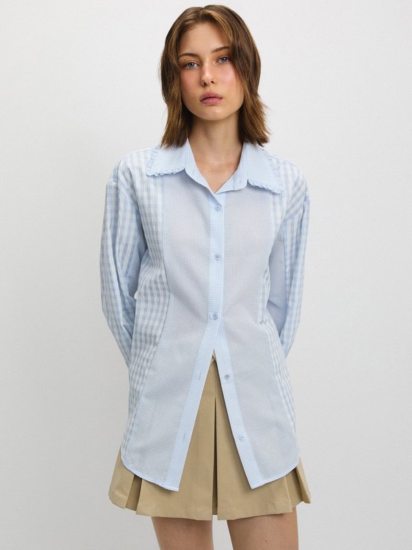 pomelo Pomelo Gingham Ruffle Trim Collar Shirt - Baby Blue