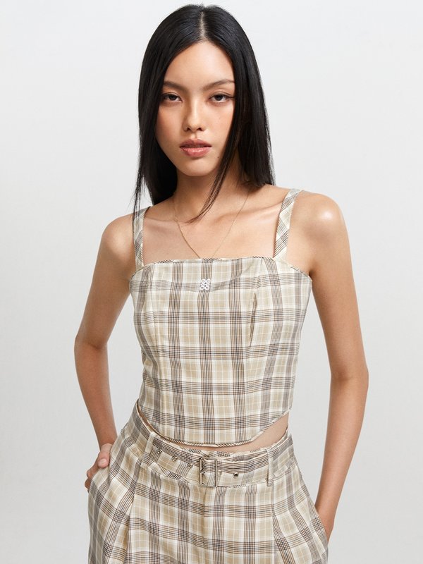 Pomelo Pomelo Glen Check Cami Top With Double Weave Silver Hardware - Cream