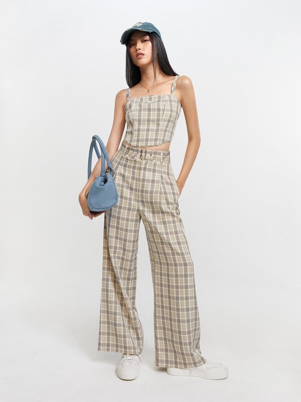 Pomelo Pomelo Glen Check Cami Top With Double Weave Silver Hardware - Cream