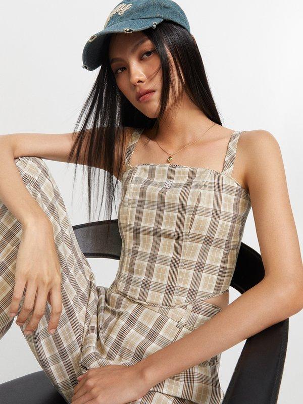 pomelo Pomelo Glen Check Cami Top with Double Weave Silver Hardware - Cream