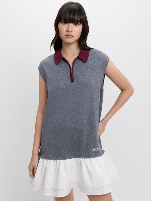 Pomelo Pomelo Half-Zip Ruffled Polo Dress - Cream - White Grey