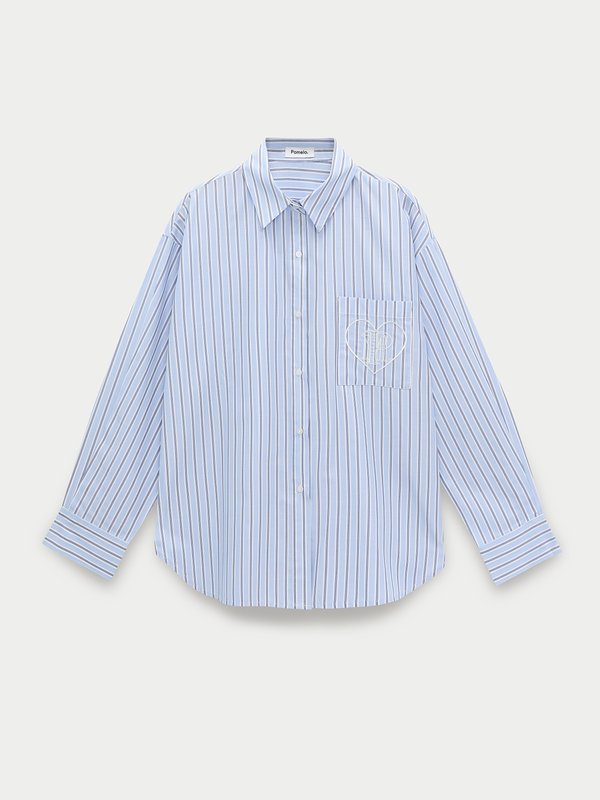 pomelo Pomelo Heart Embroidered Striped Shirt - Baby Blue