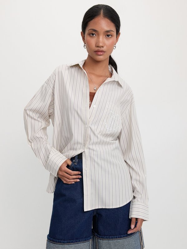 pomelo Pomelo Heart Embroidered Striped Shirt - Brown