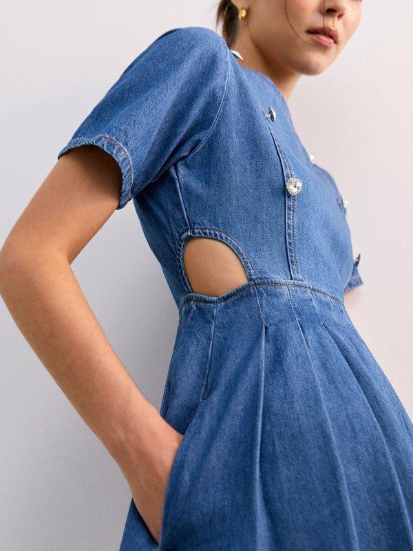 Pomelo Pomelo Heart Rhinestone Button Detail Denim Mini Dress - Blue