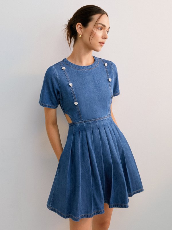 Pomelo Pomelo Heart Rhinestone Button Detail Denim Mini Dress - Blue