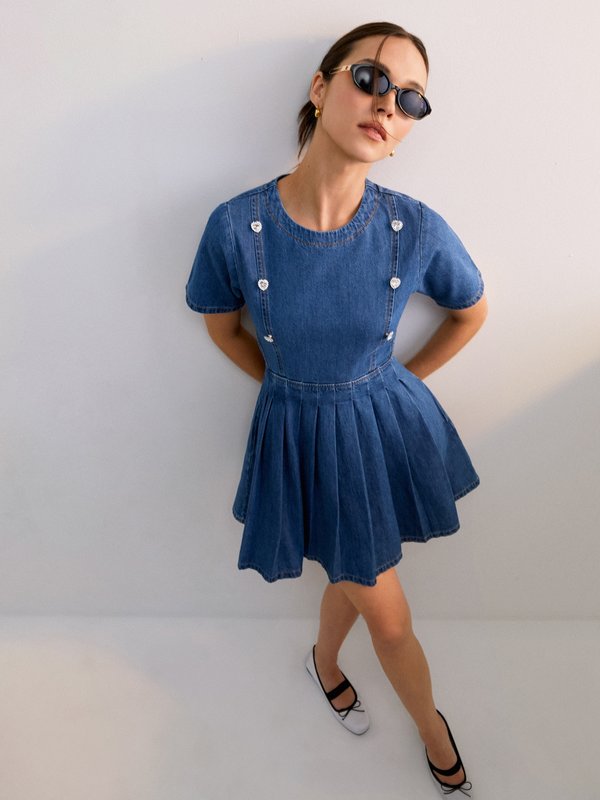 pomelo Pomelo Heart Rhinestone Button Detail Denim Mini Dress - Blue