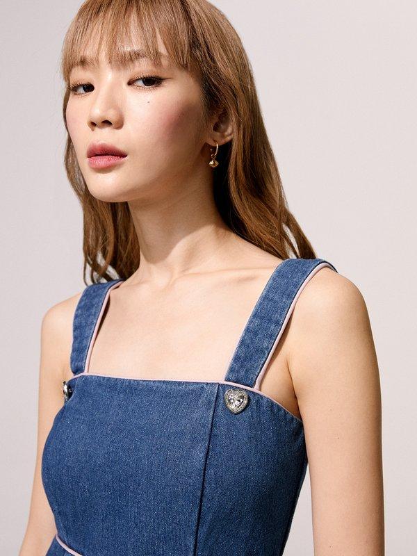 Pomelo Pomelo Heart-Shaped Button Detail Denim Mini Dress - Blue