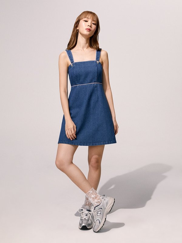 Pomelo Pomelo Heart-Shaped Button Detail Denim Mini Dress - Blue