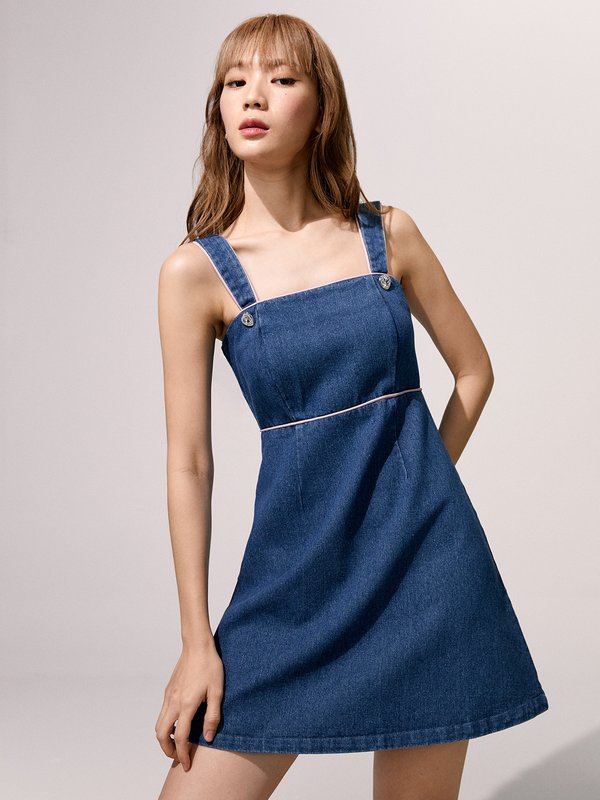 pomelo Pomelo Heart-Shaped Button Detail Denim Mini Dress - Blue