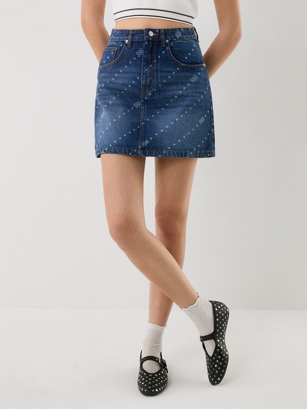 Pomelo Pomelo Iconically YOU Print High Waist Denim Mini Skirt - Blue
