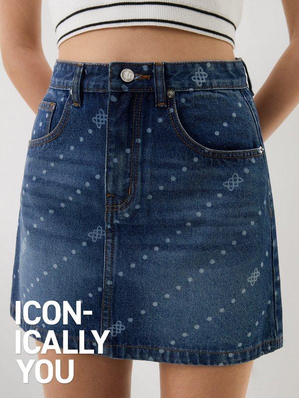 pomelo Pomelo Iconically YOU Print High Waist Denim Mini Skirt - Blue