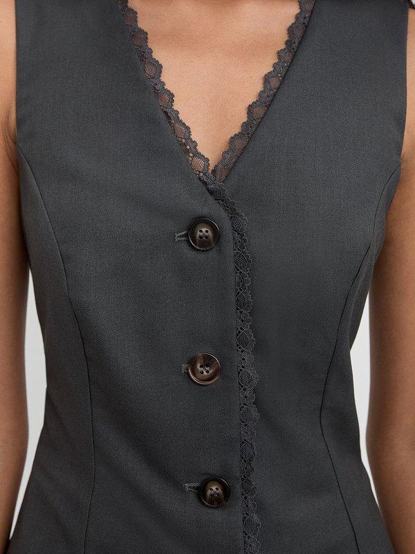 Pomelo Pomelo Lace Trim Pleated Skirt Dress - Dark Grey