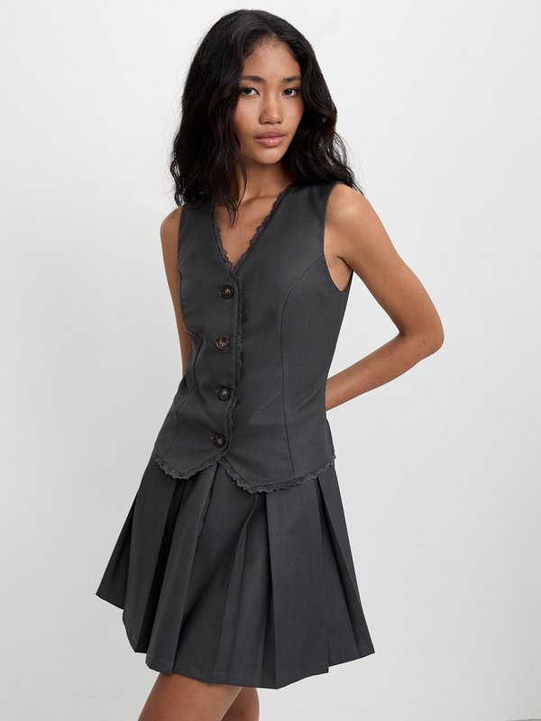 pomelo Pomelo Lace Trim Pleated Skirt Dress - Dark Grey
