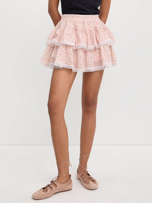 Pomelo Pomelo Lace Trim Tiered Layered Ruffle Skirt - Pink