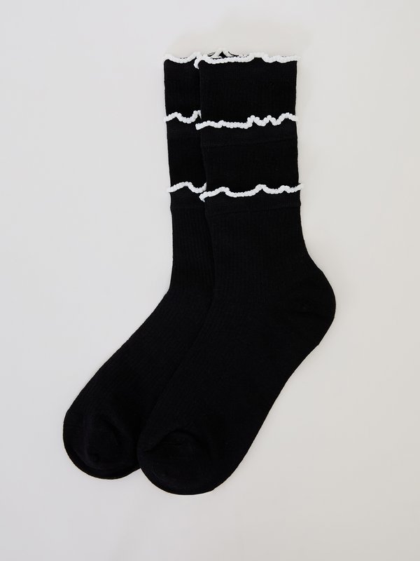 pomelo Pomelo Layered Lettuce-Edge Contrast-Trim Socks - Black