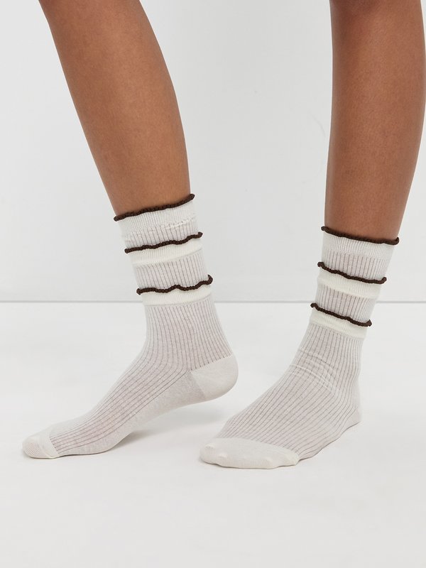 Pomelo Pomelo Layered Lettuce-Edge Contrast-Trim Socks - Cream