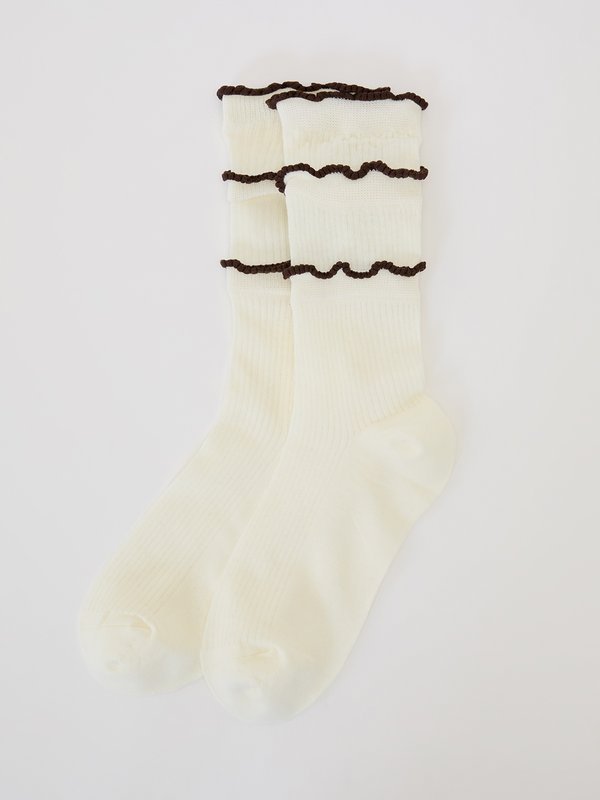 Pomelo Pomelo Layered Lettuce-Edge Contrast-Trim Socks - Cream