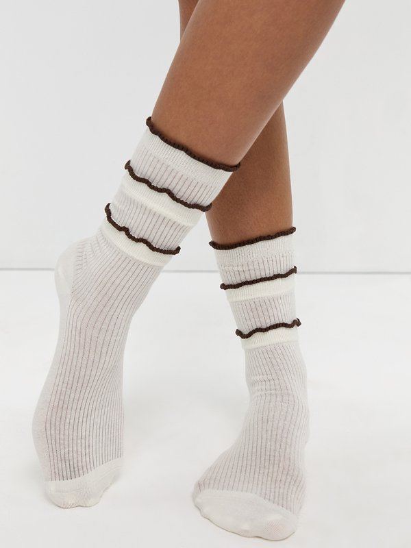 pomelo Pomelo Layered Lettuce-Edge Contrast-Trim Socks - Cream
