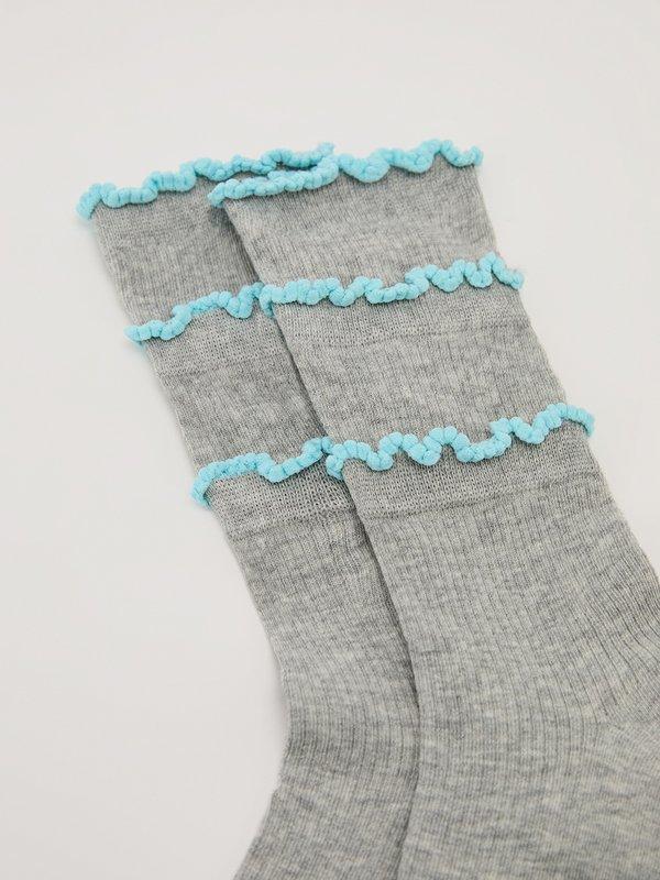 Pomelo Pomelo Layered Lettuce-Edge Contrast-Trim Socks - Mid Grey