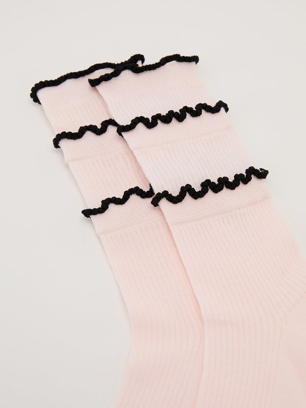 Pomelo Pomelo Layered Lettuce-Edge Contrast-Trim Socks - Pink