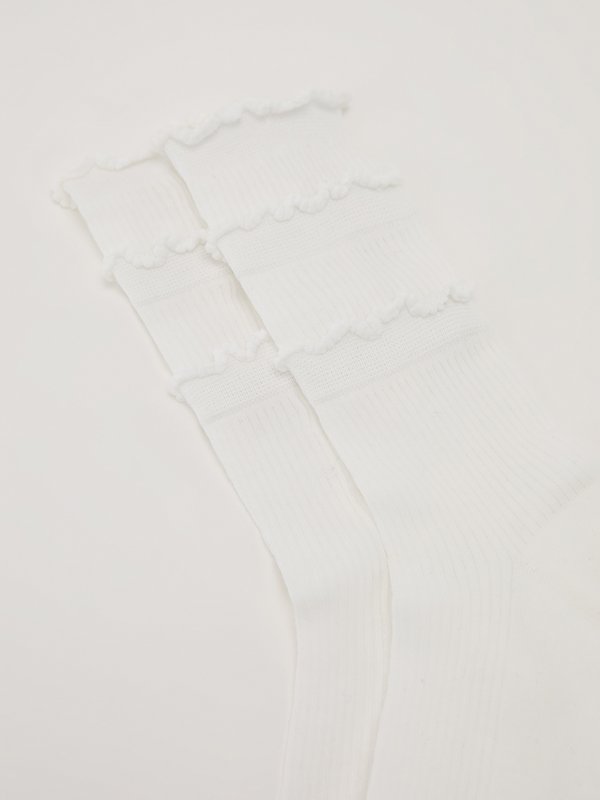 Pomelo Pomelo Layered Lettuce-Edge Contrast-Trim Socks - White
