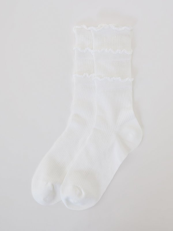 pomelo Pomelo Layered Lettuce-Edge Contrast-Trim Socks - White