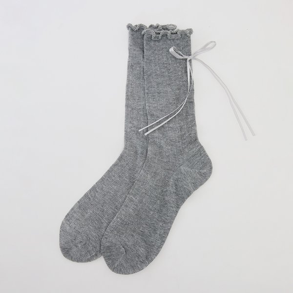Pomelo Pomelo Lettuce-Edge With Ribbon Socks - Mid Grey