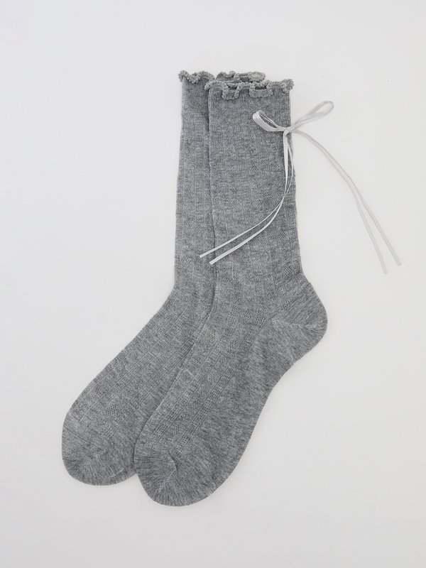 pomelo Pomelo Lettuce-Edge With Ribbon Socks - Mid Grey