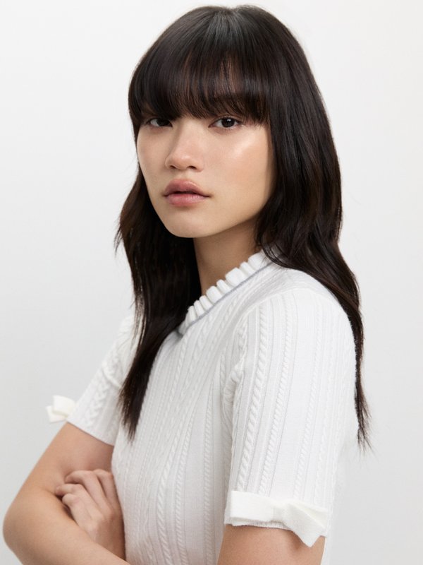 Pomelo Pomelo Lettuce Hem Ribbed Knit Top - Grey/White