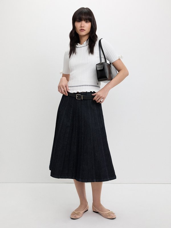 Pomelo Pomelo Lettuce Hem Ribbed Knit Top - Grey/White