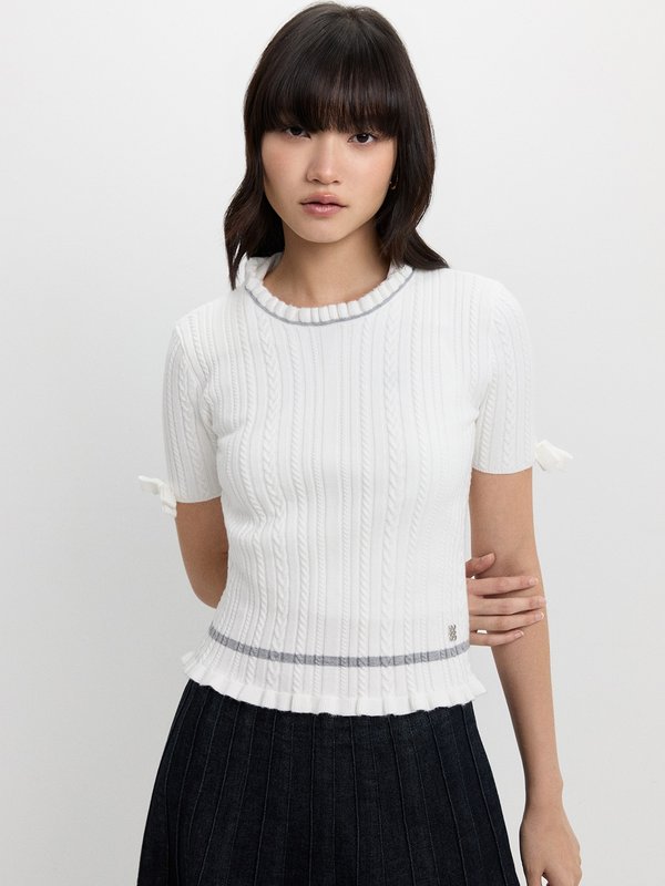 pomelo Pomelo Lettuce Hem Ribbed Knit Top - Grey/White