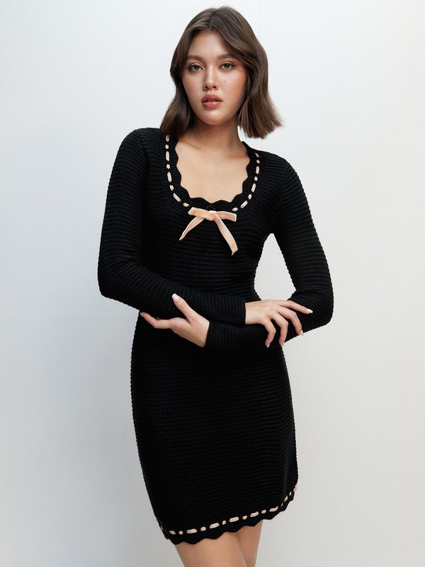 Pomelo Pomelo Long Sleeve A-Line Knitted Mini Dress With Ribbon Detail - Black