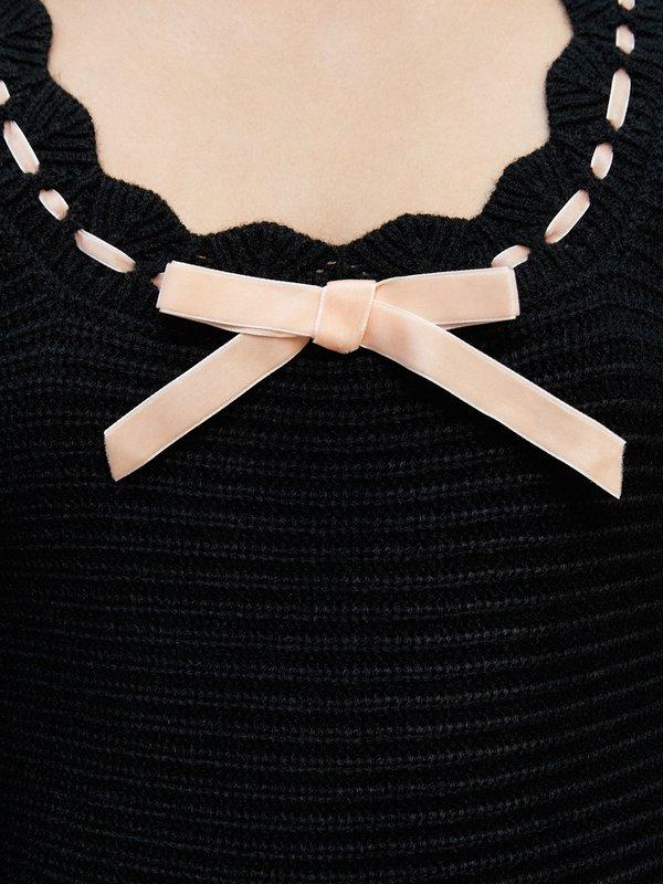 Pomelo Pomelo Long Sleeve A-Line Knitted Mini Dress With Ribbon Detail - Black