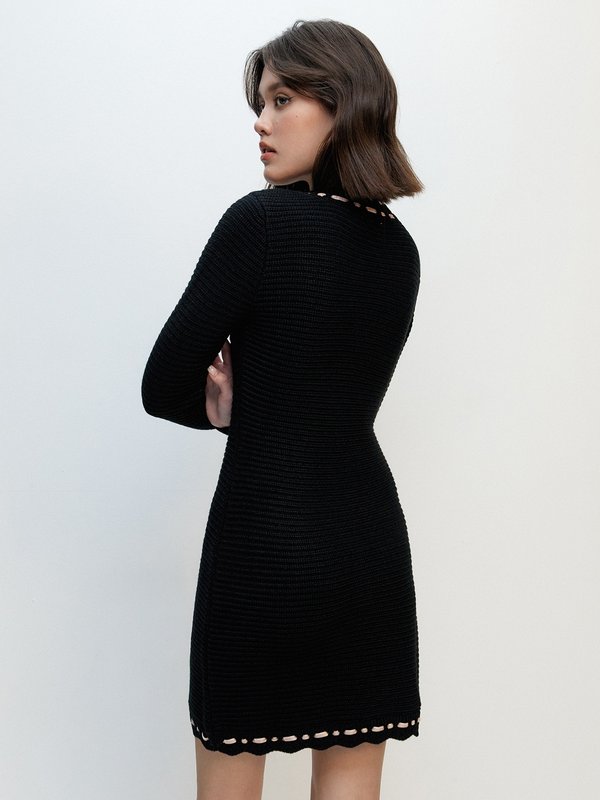 Pomelo Pomelo Long Sleeve A-Line Knitted Mini Dress With Ribbon Detail - Black