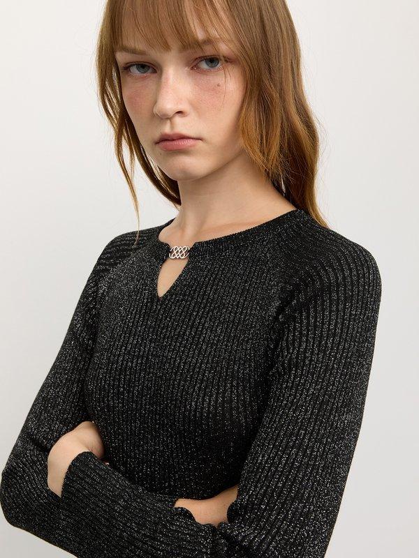 Pomelo Pomelo Long Sleeve Knitted Top - Glitter Black