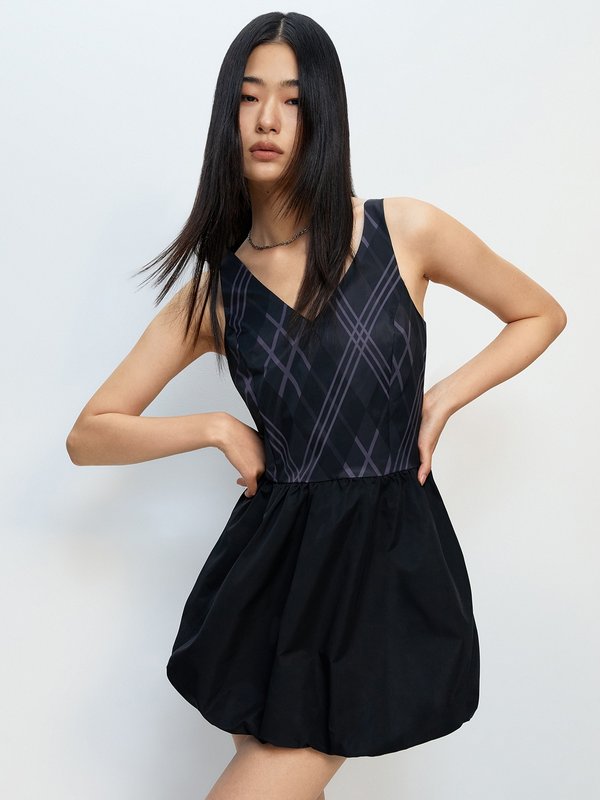 Pomelo Pomelo Mixed Plaid Printed V-Neck Mini Dress - Black